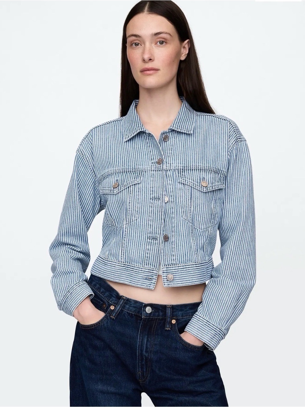 Gap UltraSoft Denim Railroad Stripe Cropped Icon Jacket Coat XSP Transitional